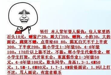 藏獒不砸，点草垛60，揭瓦白天不干上半夜300，下半夜200，揍小学生1-3年级50，4-6年级100，170斤以上揍不过，不揍。帮小学生代做学生作业，帮小学生打架，代开家长会，寒暑假作业1-3年级50元。4-6年级100元。欺负同学，身高1.3-1.4M 50元 。 1.5M-1.6M 80元。1.7-1.8M价格面议，1.9以上打不过，骂人面议，有意者联系本人常年替人报仇：往人家里扔石头10元砸窗户20，踩大门50，砸狗