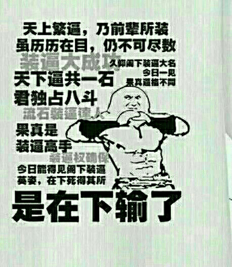 抱拳：是在下输了，天上繁逼，及前辈所装，虽历历在目，仍不可尽数，久仰阁下装逼大名，今日一见，果然逼格