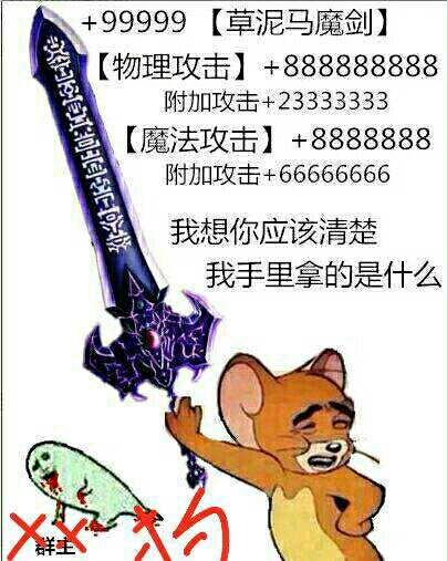 +9999草泥马魔剑，物理攻击+888888，魔法攻击+2333333，附加攻击+66666，我想你应该清楚，我手里拿的是什么？（群主吐血）